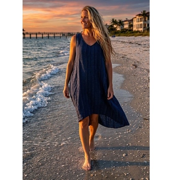 J. Jill Dresses & Skirts - J. Jill Love Linen Blue Striped Dress Sleeveless Hi‎ Lo  Pocket Lagenlook XL